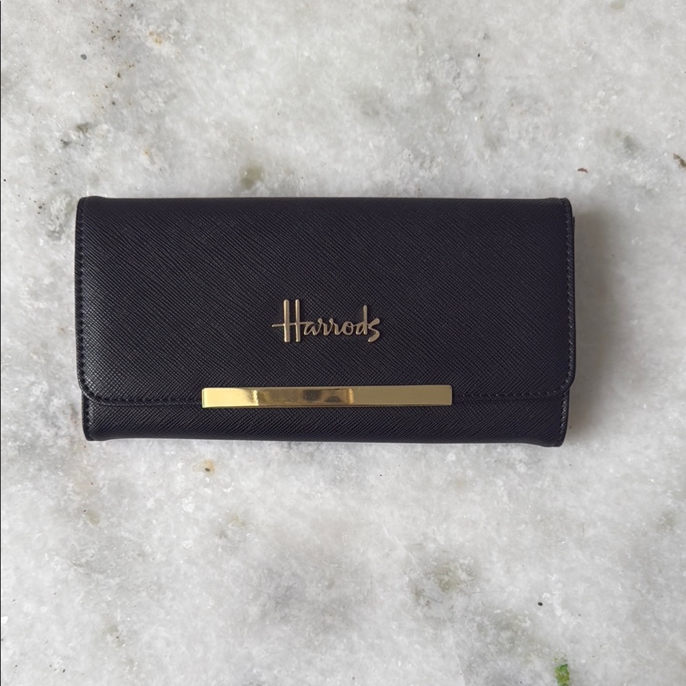 Harrods Black Leather Wallet with Gold Accents